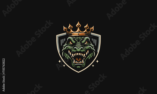 head crocodile wearing crown with shield vector logo design