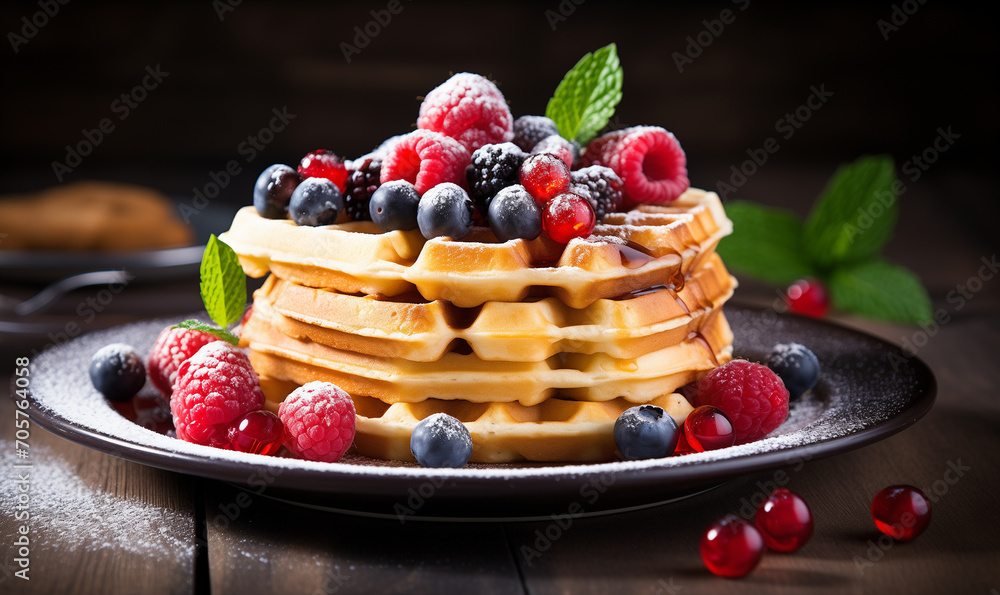 Tasty Belgian waffle with fresh berries served on wooden table. Belgian Waffle with raspberries, strawberries and blueberries. Culinary, cooking, bakery concept. Food recipe background. Close up. Tasty Belgian waffle with fresh berries served on wooden table. Belgian Waffle with raspberries, strawberries and blueberries. Culinary, cooking, bakery concept. Food recipe background. Close up.
