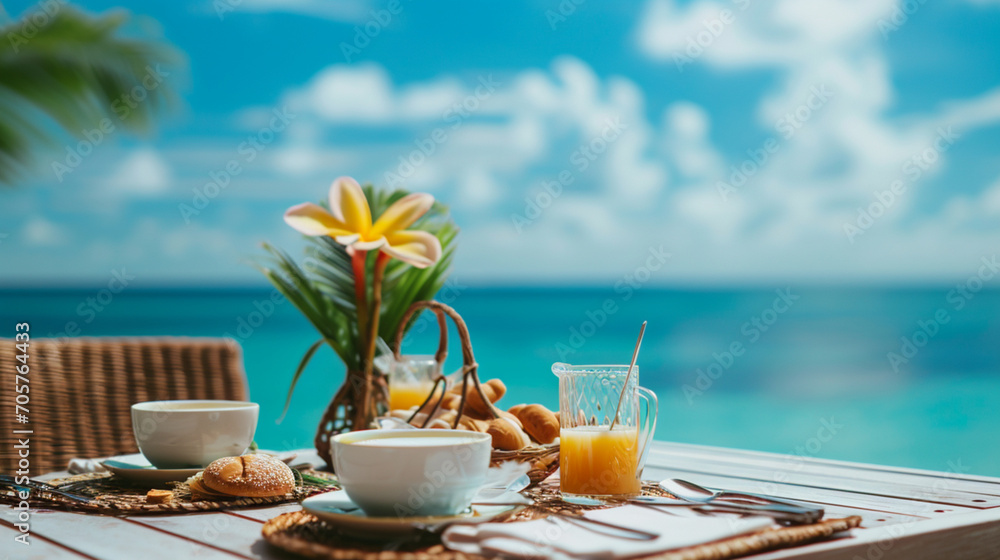 豪華な朝食のテーブルの美しい熱帯の海空の背景GenerativeAI - obrazy, fototapety, plakaty 
