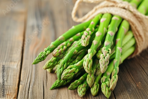 A bunch of green asparagus on a wooden table