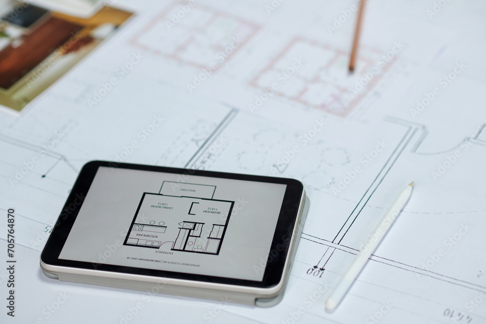 Apartment plan on screen of digital tablet, architecture and interior ...