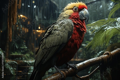  a close up of a bird on a branch with a rain shower in the back ground and a building in the back ground and a plant in the foreground.