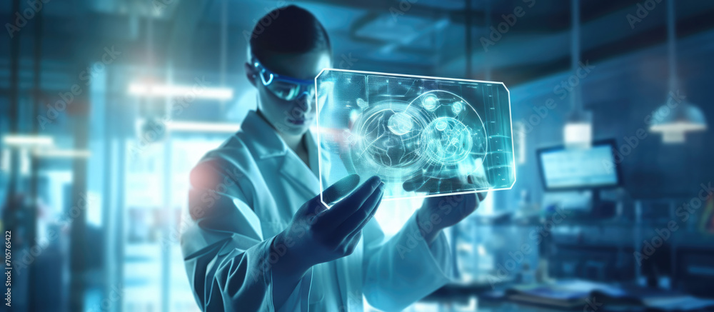 A woman in protective overalls white coat and virtual goggles holds up a holographic display in a blue-coloured laboratory