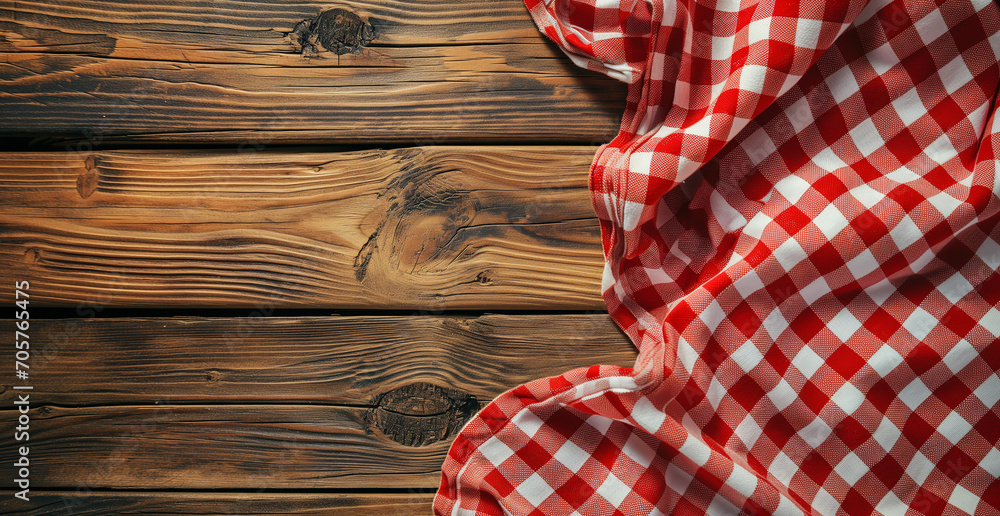 Top view of red checkered tablecloth on blank empty wooden table background, food concept - obrazy, fototapety, plakaty 