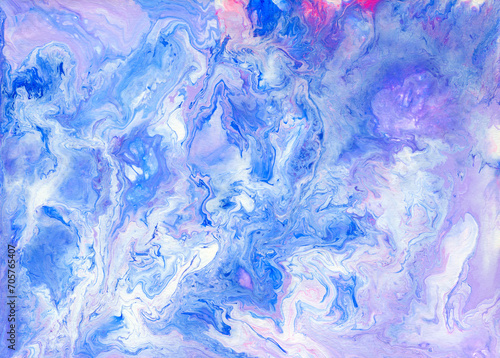 Bright colorful acrylic texture. Liquid flowing acrylic on canvas. Marble texture. Hand made abstract artwork with white, pink and blue colors.