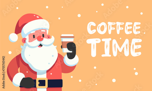 Cheerful Santa Claus and a cup of coffee, happy Christmas holidays poster, coffee time text, high quality vector illustration.