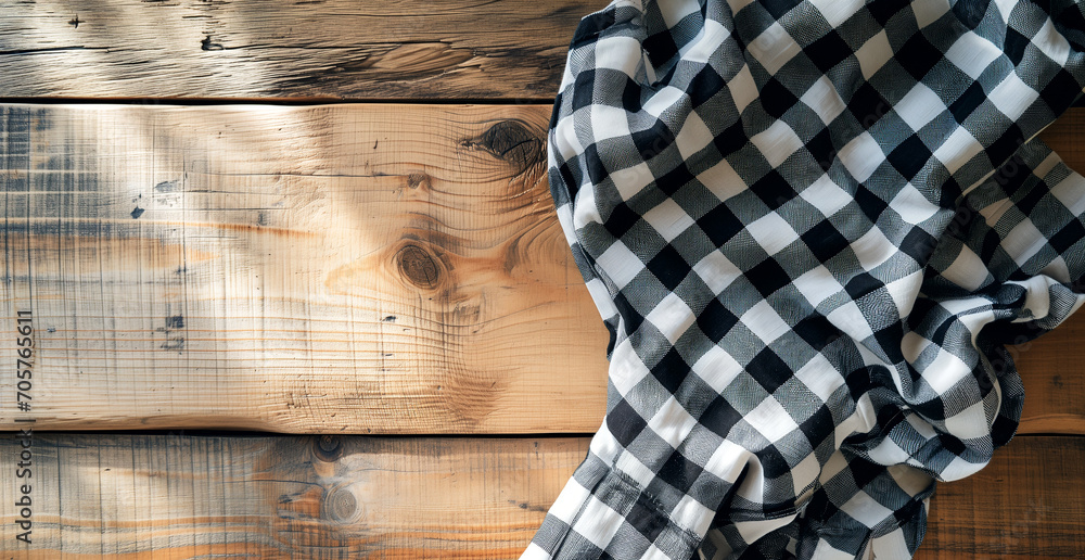 Top view of black checkered tablecloth on blank empty wooden table background banner, food concept Top view of black checkered tablecloth on blank empty wooden table background banner, food concept
