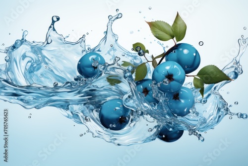  a bunch of blue cherries floating in water with a splash of water on the top of the cherries and green leaves on the top of the cherries.
