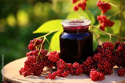  a jar of jam sitting on top of a wooden table next to a branch of red berries and a bush with green leaves in the background on a sunny day.