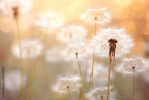  a close up of a dandelion plant with lots of white flowers in the foreground and a blurry background of the dandelions in the background.