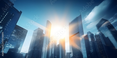 business and financial skyscraper buildings concept.Low angle view and lens flare of skyscrapers modern office building city in business center with blue sky. photo