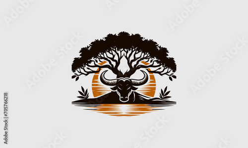 head bull and big tree vector logo design
