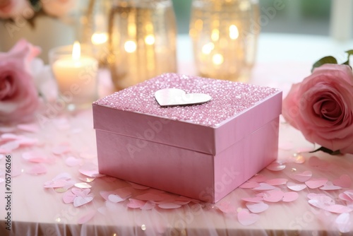 A vibrant pink box sits atop a wooden table, providing a striking visual contrast., A sparkling pink sequin Valentine's Day gift box, AI Generated photo