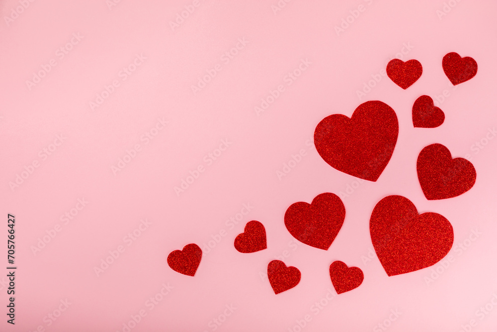Valentine's Day concept.Valentine's Day background. Confetti and card on a pink background. Flatley.Valentine's day celebration. place for text.