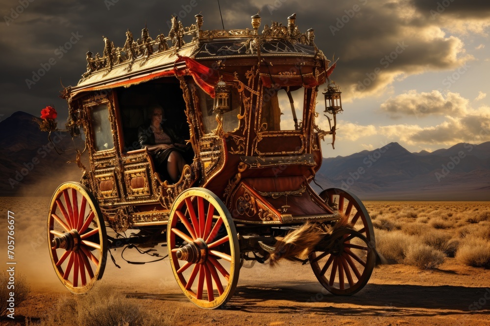 Fototapeta premium A horse drawn carriage makes its way through the vast desert, showcasing traditional transportation in an arid landscape., A stage coach hurtling along the wild west, AI Generated