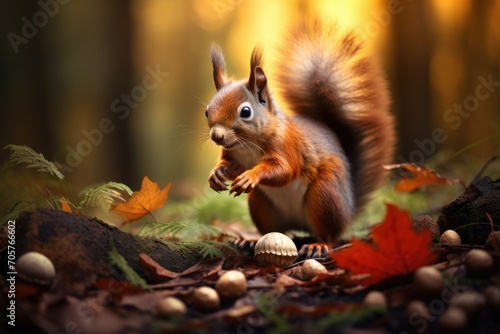 A squirrel stands on its hind legs in the lush green forest.  A squirrel collecting acorns for the winter  AI Generated