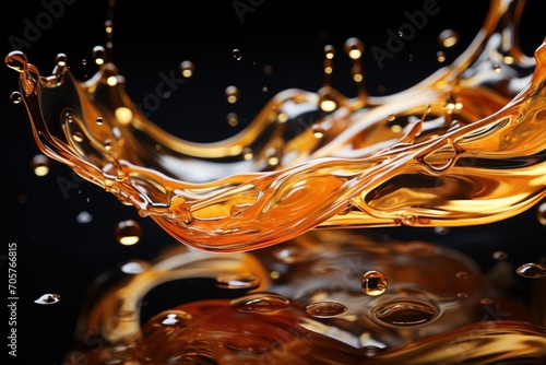  a close up of an orange liquid splashing out of the top of a glass bowl on a black surface with a reflection of the bottom of the image in the water.