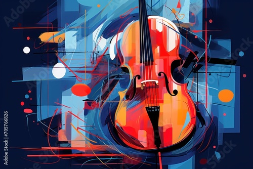  a close up of a violin on a blue background with a red and orange design on the front of the violin and the bottom half of the violin visible part of the violin.