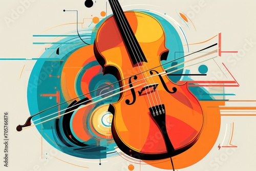  a drawing of a violin on a white background with a blue  orange and yellow circle in the middle of the image and a black and white violin on the right side of the.