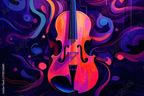  a painting of a violin on a dark background with swirls and drops of paint on the bottom half of the violin 