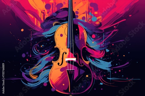  a violin with colorful paint splatters on it's body and a violin in the foreground with a purple background and a splash of pink and blue.