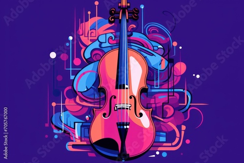  a drawing of a violin on a purple background with a blue and pink swirl around it and a purple background with a blue and pink swirl around the bottom of the violin.