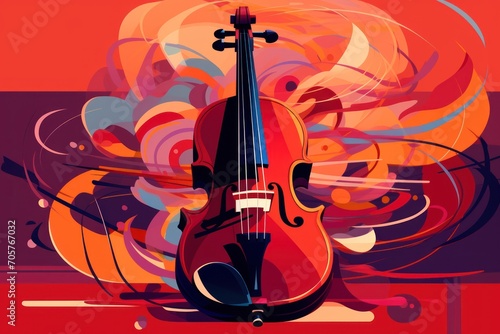  a close up of a violin on a red background with swirls and swirls around the violin and the violin is in the foreground with a red background.