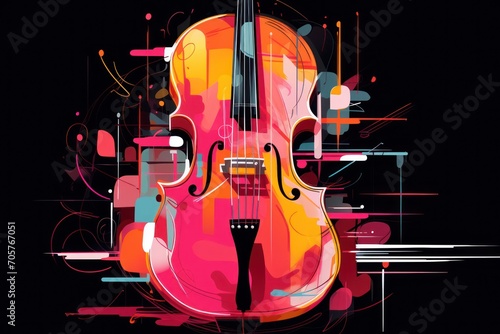  a close up of a violin on a black background with colorful lines and shapes in the shape of an abstract design with a person standing in front of the violin.