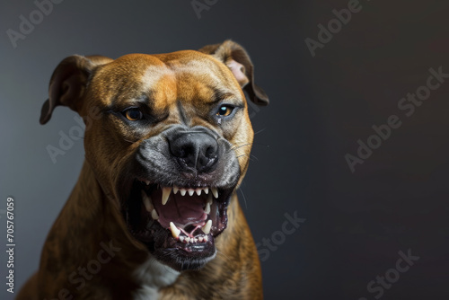 an angry aggressive pit bull terrier type dog snarling at the camera with sharp teeth photo