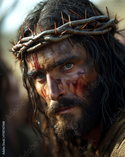 Jesus Christ wearing a crown of thorns with blood on his face. The Passion of the Christ. Jesus in the rain on the way to Golgotha