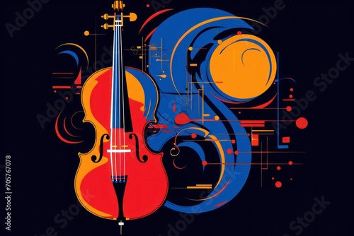  a colorful violin on a black background with a swirly design on the back of the violin and a half of the violin in the foreground with a full moon in the background.