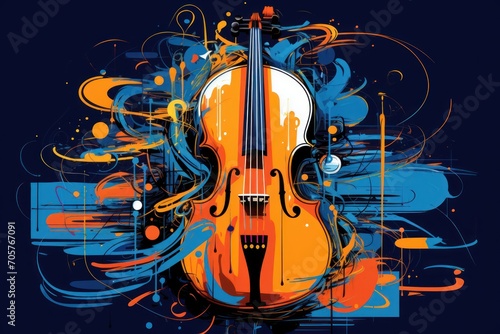  a painting of a violin on a dark blue background with swirls and drops of paint on the bottom half of the violin and bottom half of the violin's body.