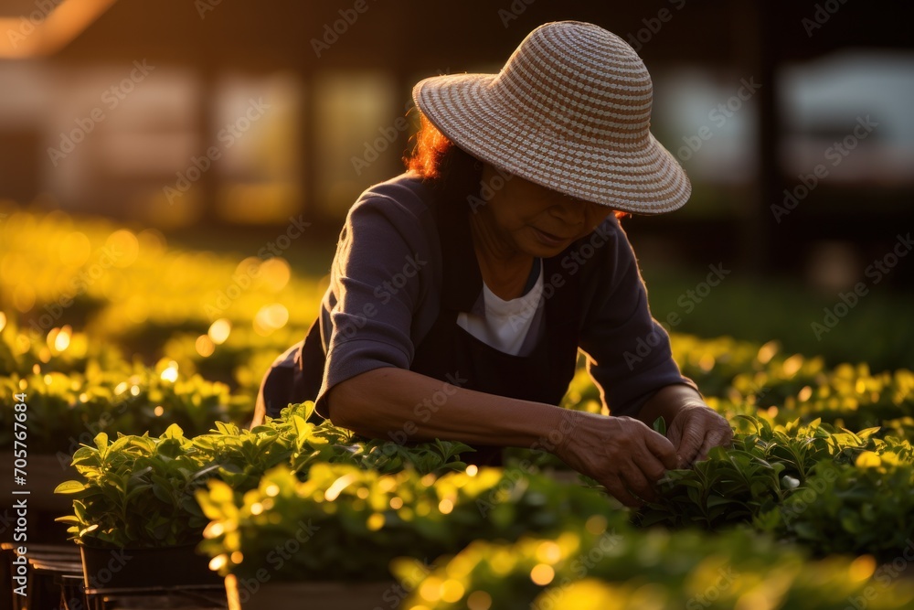  a woman in a straw hat is picking lettuce in a field of lettuce growing in rows of rows of lettuce in a greenhouse at sunset.