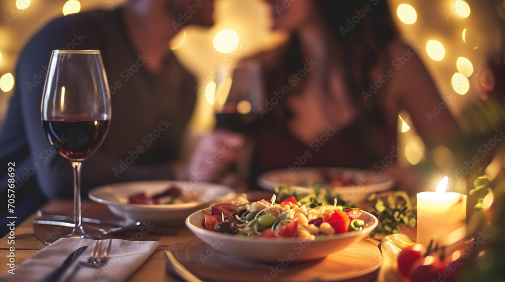 A couple enjoying a cozy home-cooked meal, Valentine’s Day, date, couple, blurred background, with copy space