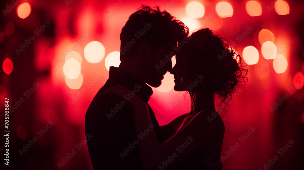 A silhouette of a couple dancing in a dimly lit room, Valentine’s Day, date, couple, blurred background, with copy space A silhouette of a couple dancing in a dimly lit room, Valentine’s Day, date, couple, blurred background, with copy space
