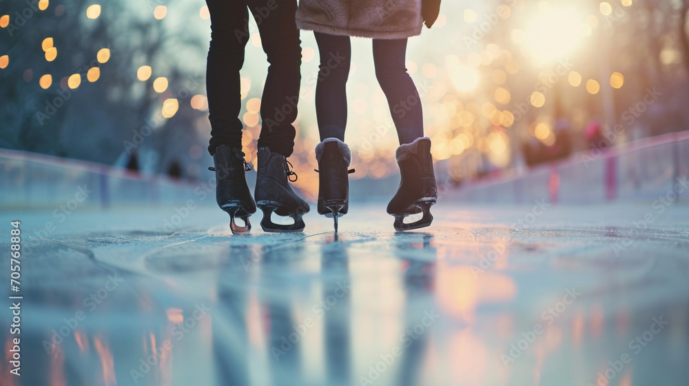 Fototapeta premium Two people ice skating hand in hand, Valentine’s Day, date, couple, blurred background, with copy space