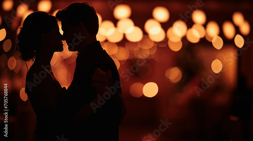 A silhouette of a couple dancing in a dimly lit room, Valentine’s Day, date, couple, blurred background, with copy space