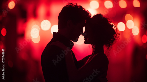 A silhouette of a couple dancing in a dimly lit room, Valentine’s Day, date, couple, blurred background, with copy space