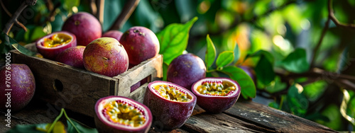 Fresh passion fruit with leaves in Wooden Box. Tropical Fruits. Free space for text.