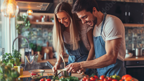 Two people laughing and cooking together in a kitchen, Valentine’s Day, date, couple, blurred background, with copy space