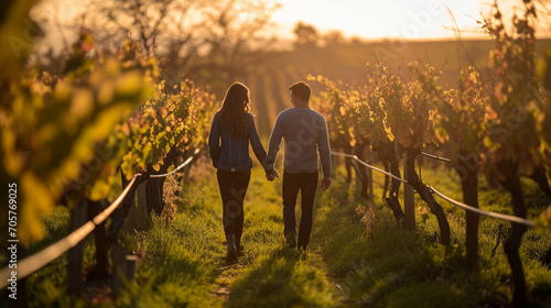 A couple holding hands and walking through a picturesque vineyard, Valentine’s Day, date, couple, blurred background, with copy space