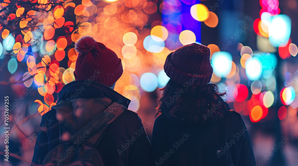 Two people exploring a city's night scene, Valentine’s Day, date, couple, blurred background, with copy space