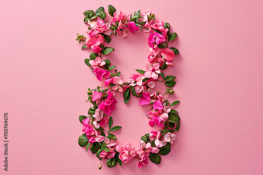 International Women's Day. Banner, flyer, beautiful postcard for March 8. Flowers and butterflies in the shape of the number eight on a pink background.