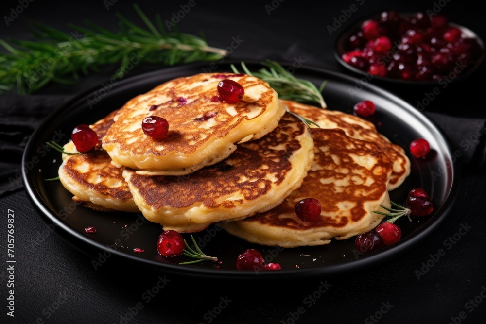  a stack of pancakes on a black plate with cranberries on the side and a sprig of rosemary on the side of the plate and a bowl of cranberries on the side.