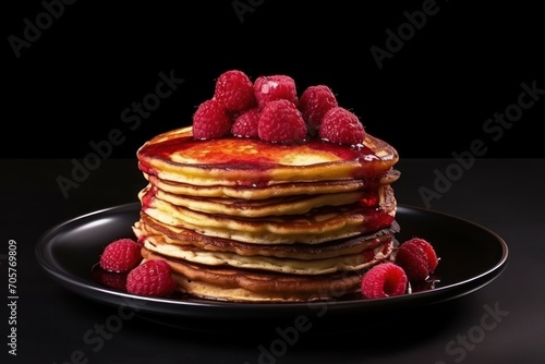  a stack of pancakes on a black plate with raspberries on top of it and syrup on the top of the pancakes and on the bottom of the pancakes.