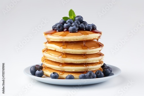  a stack of pancakes with blueberries and syrup on a white plate with a mint sprig on top of the stack is covered with blueberries and syrup.