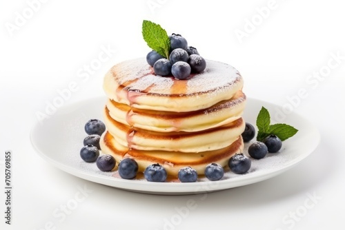  a stack of pancakes sitting on top of a white plate covered in blueberries and powdered sugar with a sprig of mint on top of the stack.