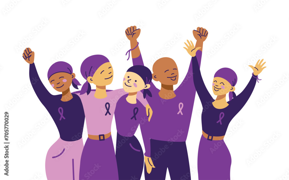 World cancer day. Group of people supporting each other in the fight against with cancer. Banner. Vector.