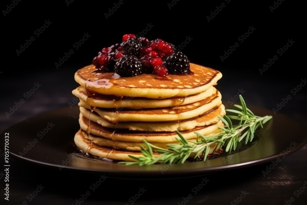  a stack of pancakes with berries and syrup on a black plate with a sprig of rosemary sprig on top of the pancakes and a black background.