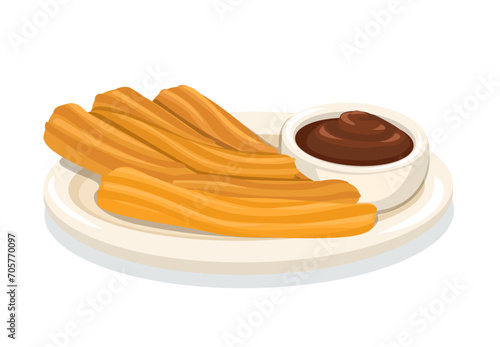 Churros Snack On Plate Cartoon Illustration Vector